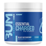 BUM Essential Charged pre-workout supplement container on a white background