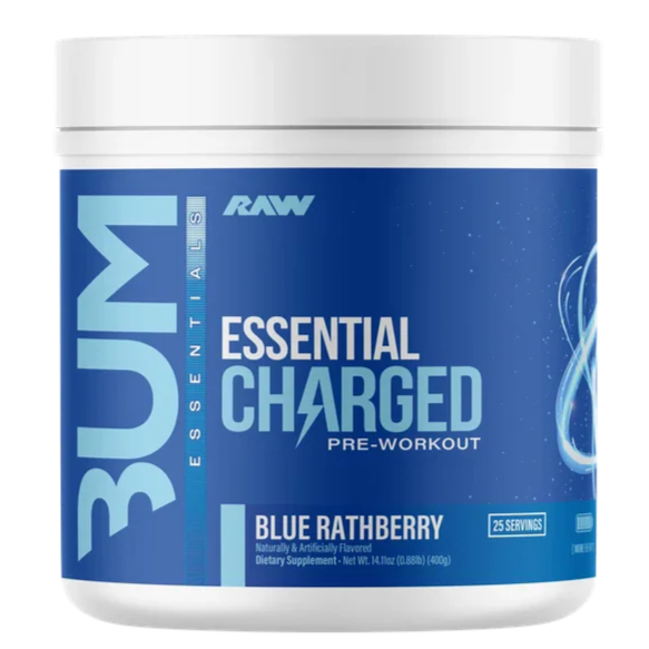 BUM Essential Charged pre-workout supplement container on a white background