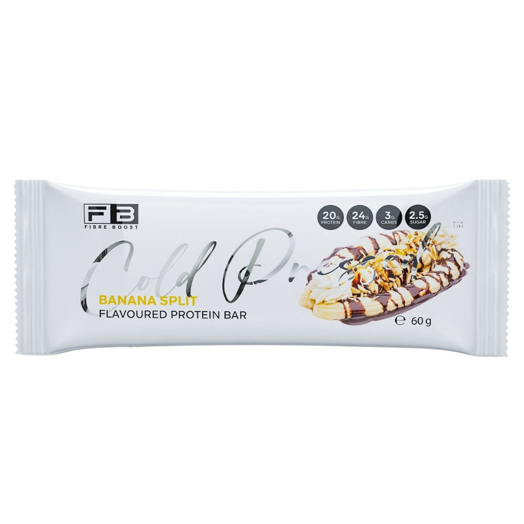Banana Split flavored protein bar packaging on a white background