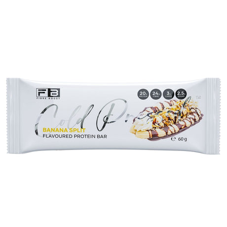 Banana Split flavored protein bar packaging on a white background
