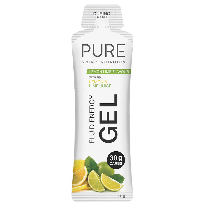PURE Sports Nutrition Fluid Energy Gel packaging with lemon and lime illustration on a white background
