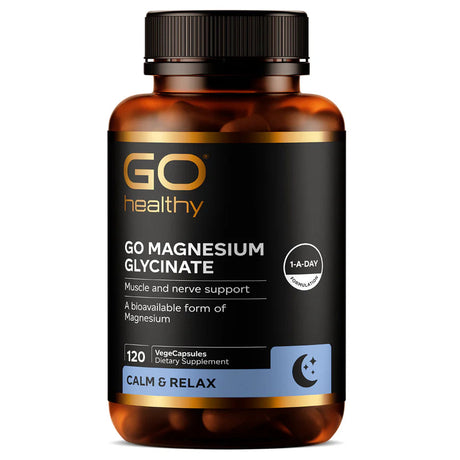 Supplement bottle labeled 'GO Magnesium Glycinate' by GO Healthy on a white background