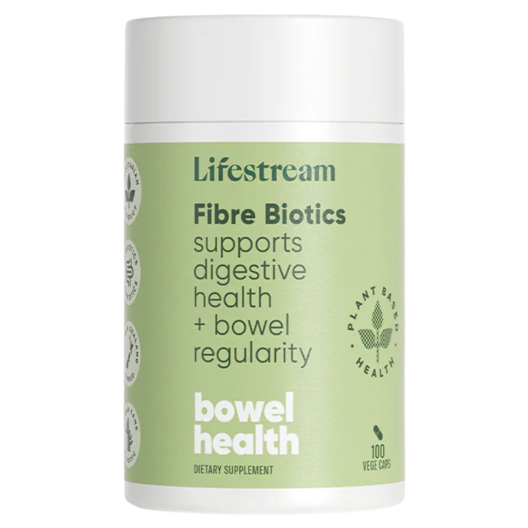 Lifestream Fibre Biotics supplement container on a white background