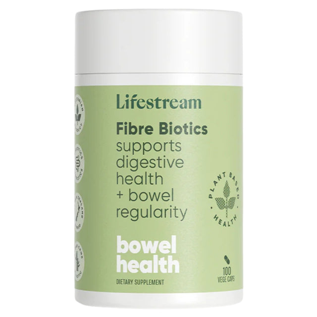 Lifestream Fibre Biotics supplement container on a white background