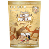 Package of almond protein with cartoon characters on a white background