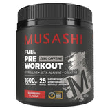 Musashi Fuel Pre Workout supplement container on a white background