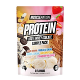 Muscle Nation protein sample pack with various flavors on a white background