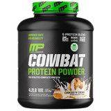 Container of MusclePharm Combat Protein Powder on a white background