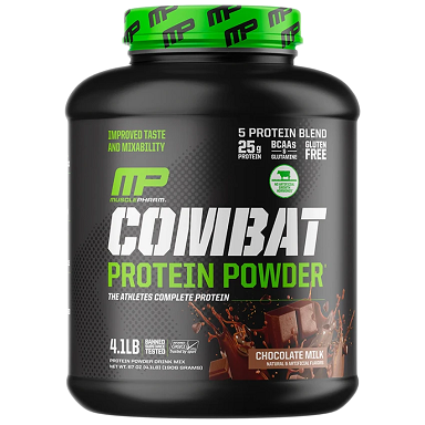 Black container of Combat Protein Powder with green lid on a white background