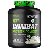 Container of Combat Protein Powder with green cap on a white background