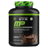 Black container of MusclePharm Combat Protein Powder with green accents on a white background