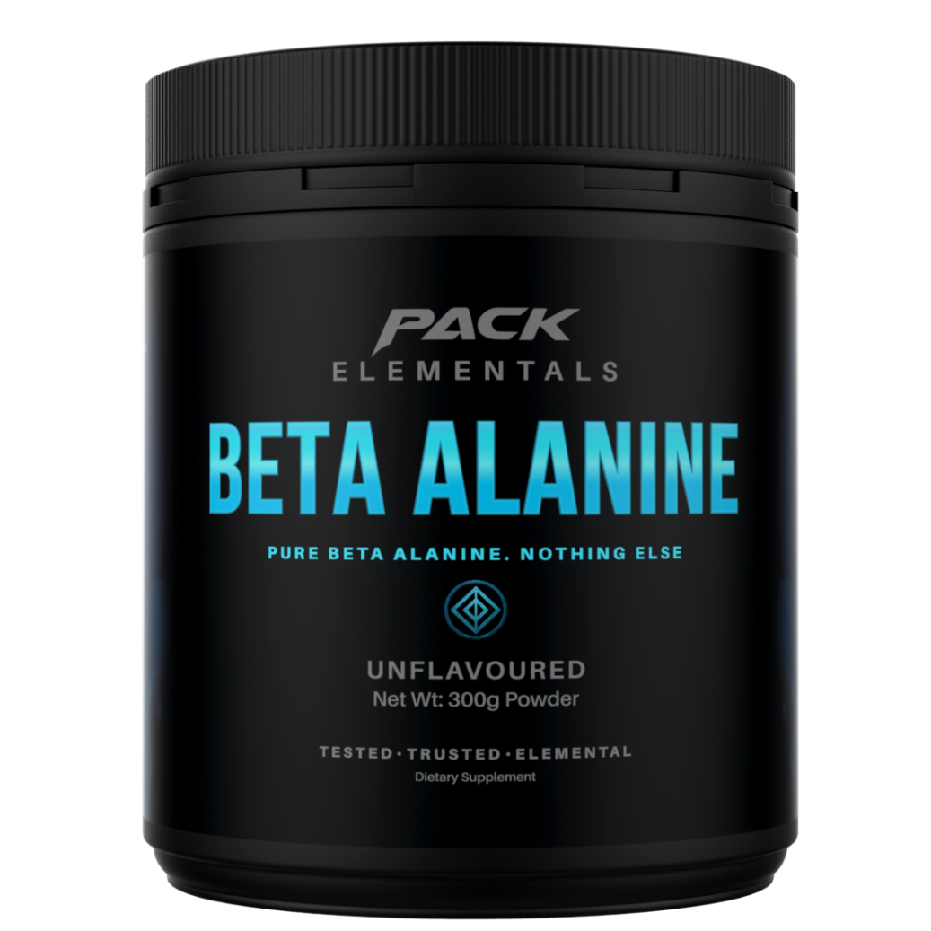 Black container of Pack Elementals Beta Alanine powder on a white background