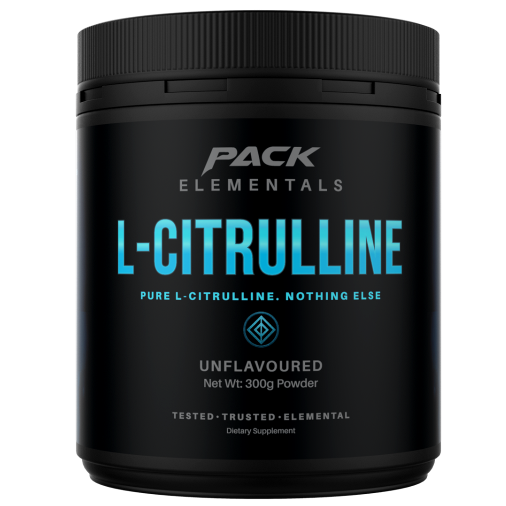 Black supplement container labeled 'Pack Elementals L-Citrulline' on a white background