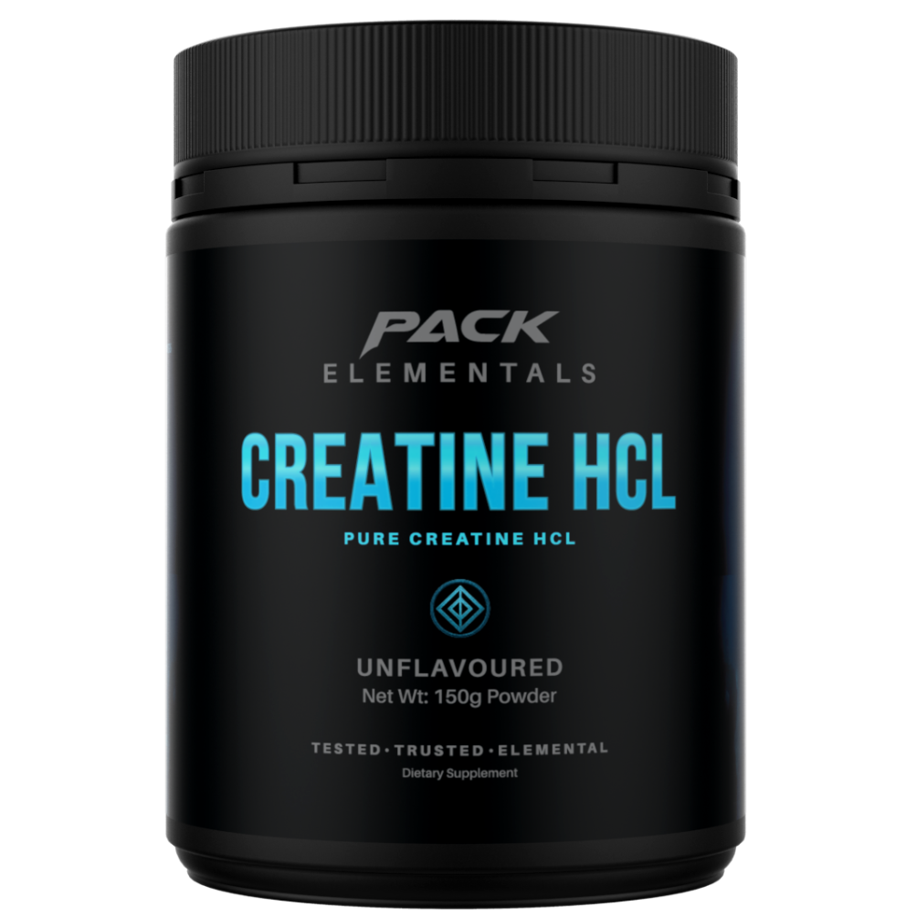 Black container of Pack Elementals Creatine HCL on a white background