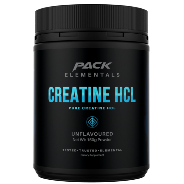 Black container of Pack Elementals Creatine HCL on a white background