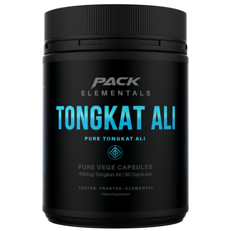 Black container of Pack Elementals Tongkat Ali on a white background