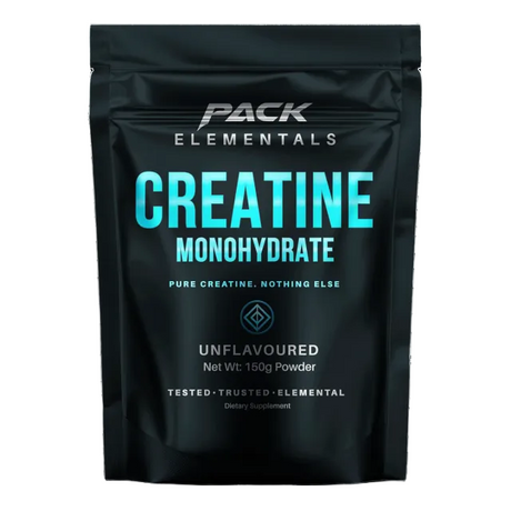 Black packaging of Pack Elementals Creatine Monohydrate on a white background