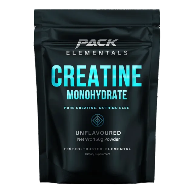 Black packaging of Pack Elementals Creatine Monohydrate on a white background