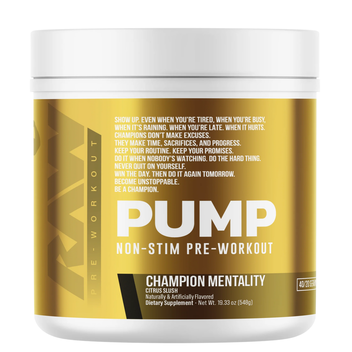 Pre-workout supplement container with gold and white design on a white background
