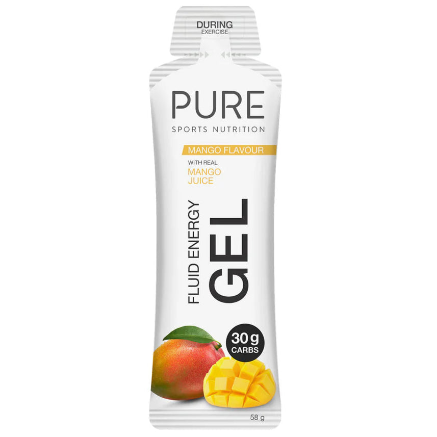 PURE Sports Nutrition Fluid Energy Gel packaging with mango flavor on a white background