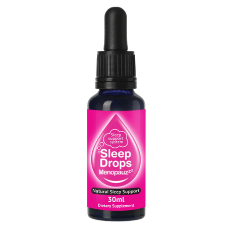 Sleep Drops Menopauzzz dietary supplement bottle with pink label on a white background