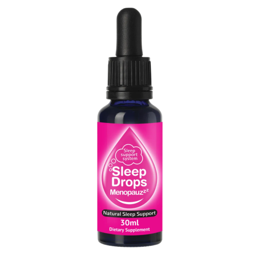 Sleep Drops Menopauzzz dietary supplement bottle with pink label on a white background
