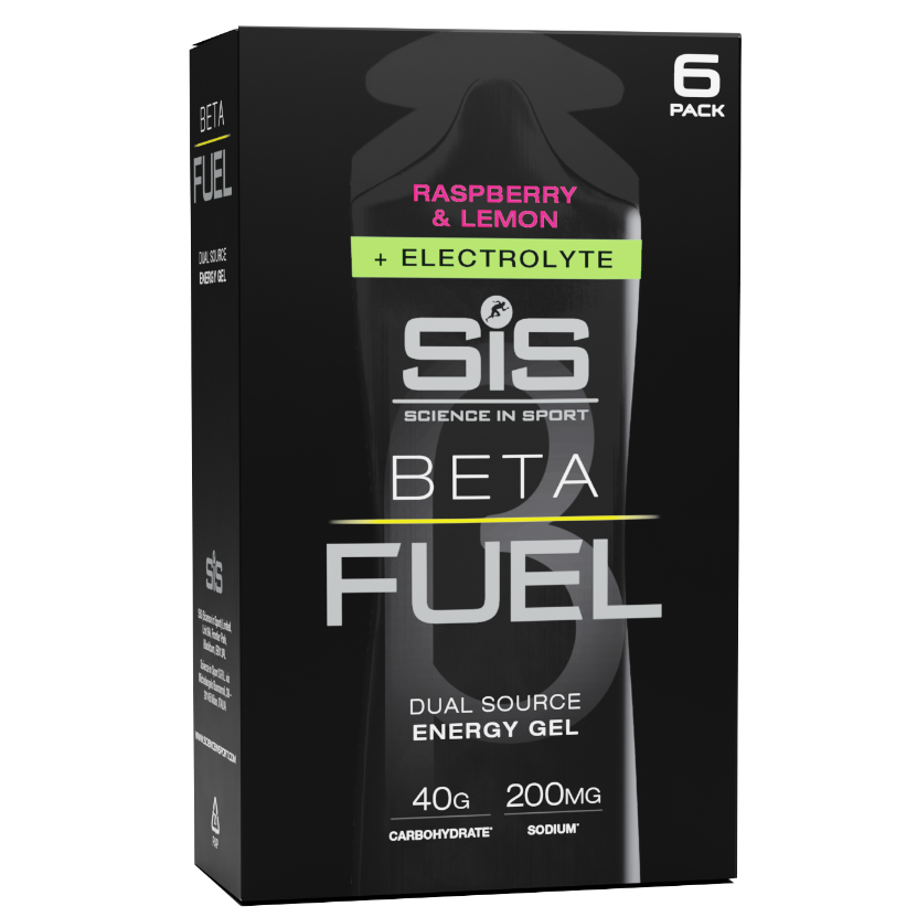 Box of Science in Sport Beta Fuel energy gel with raspberry and lemon flavor on a white background