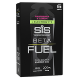 Box of Science in Sport Beta Fuel energy gel with raspberry and lemon flavor on a white background