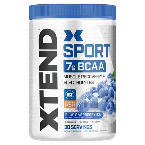 Container of XTEND Sport 7G BCAA supplement with blue raspberry ice flavor on a white background